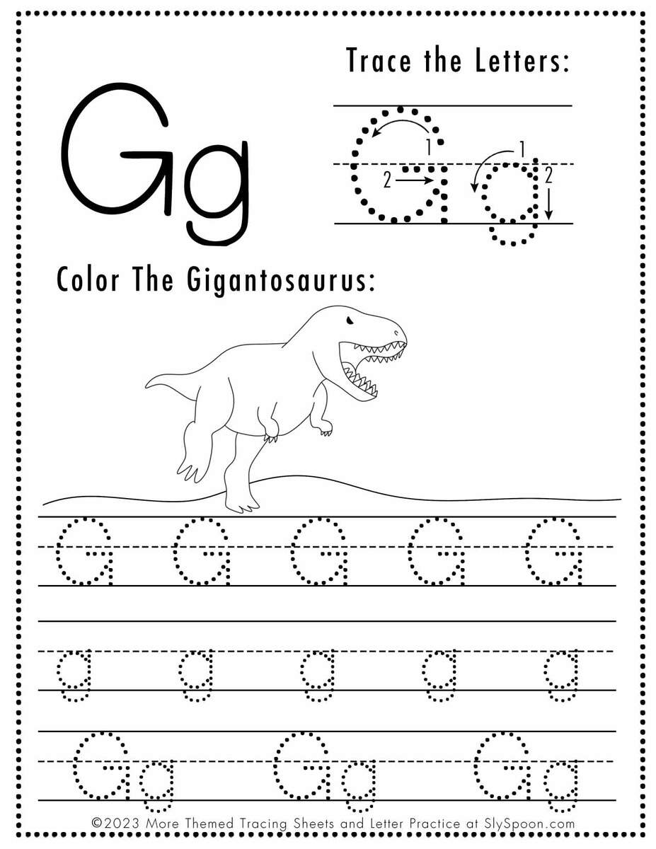 Free Letter G Tracing Worksheet Printable Dinosaur Themed Sly Spoon