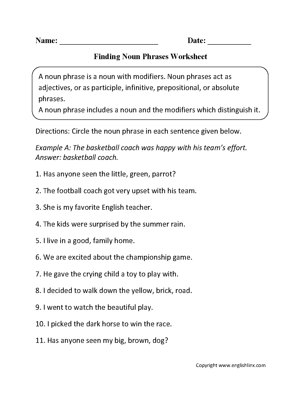 Free Nouns Worksheets Printable Noun Practice For All Grade Levels Circle The Nouns In A Sentence Free Worksheet