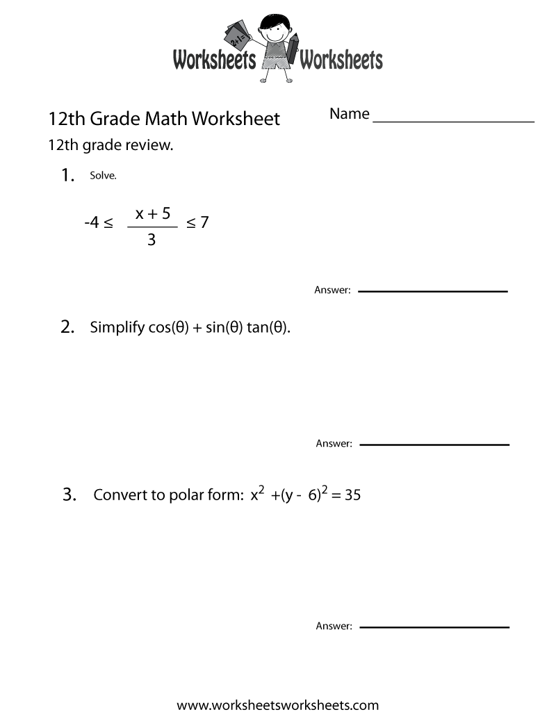 Free Printable 12th Grade Math Review Worksheet High School Math Worksheets Math Worksheets PDF Cazoom Math