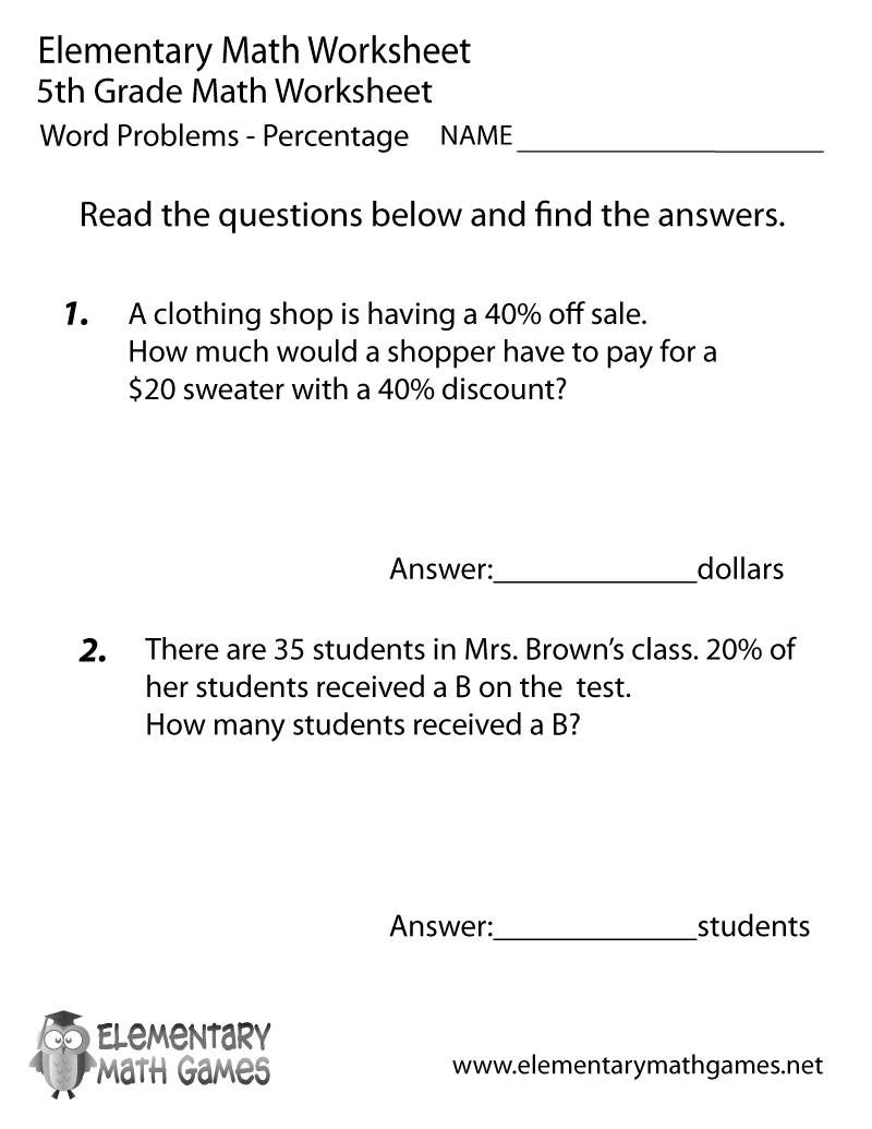 6th Grade Percent Word Problems