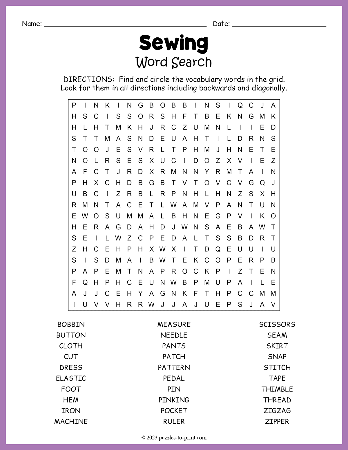 Free Printable Sewing Word Search Free Printable Sewing Word Search