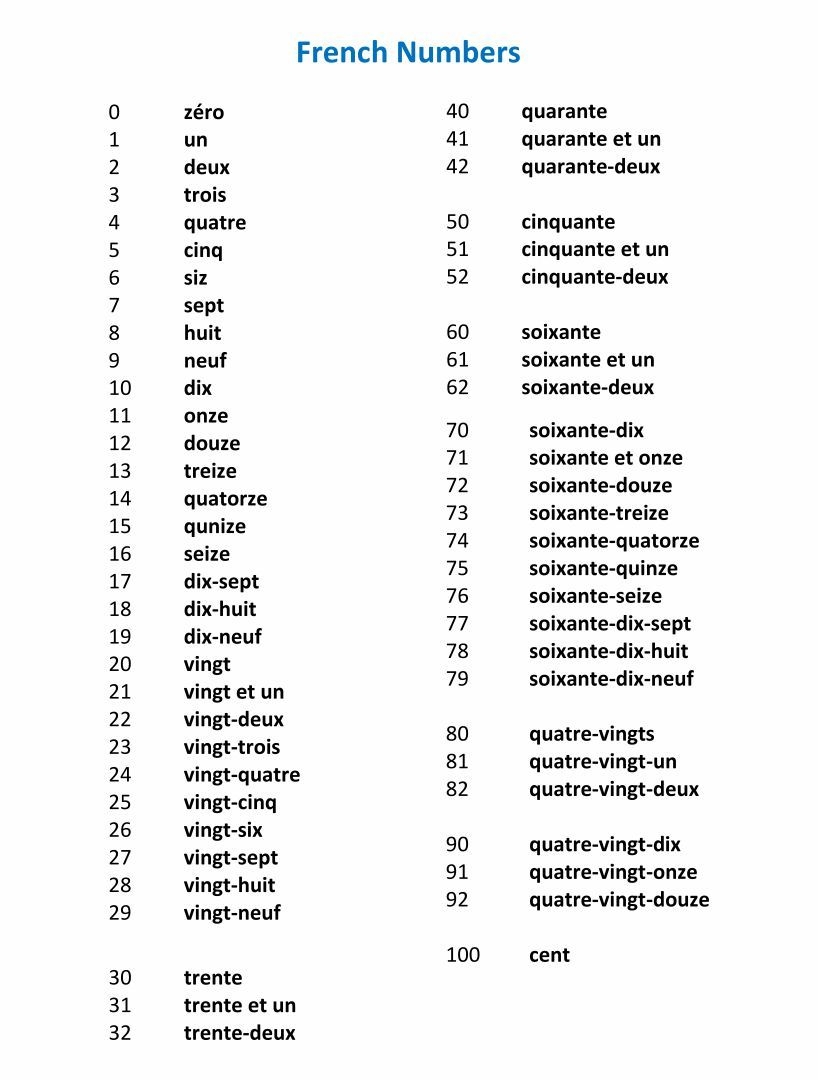 French Numbers 1 100 10 Free PDF Printables Printablee