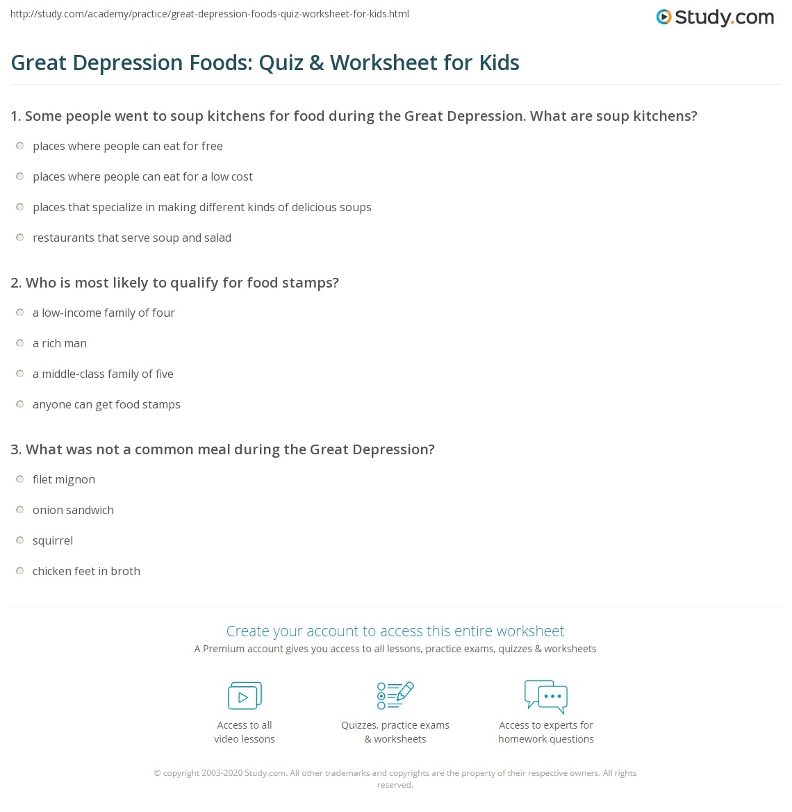 Great Depression Foods Quiz Worksheet For Kids Study