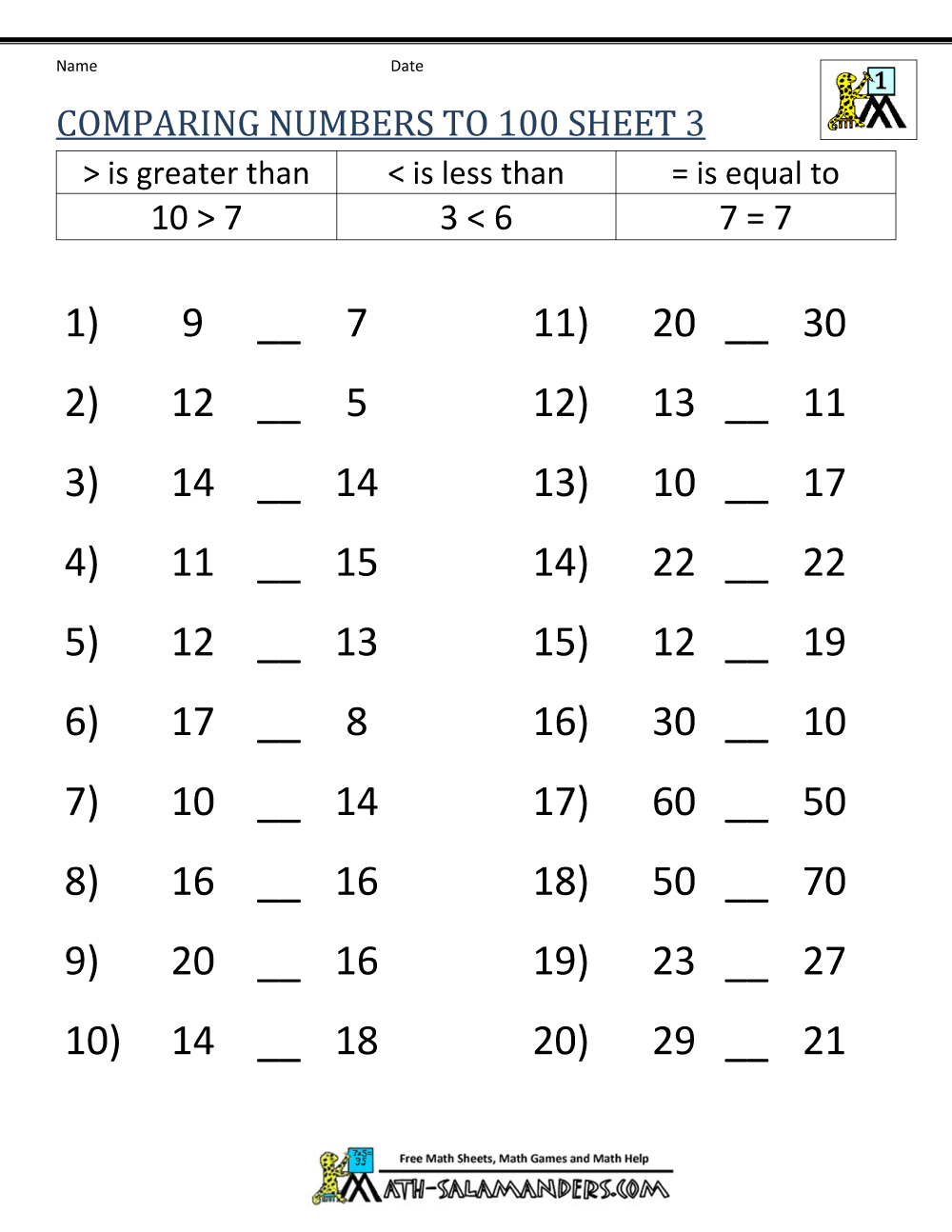1st Grade Comparing And Ordering Worksheets