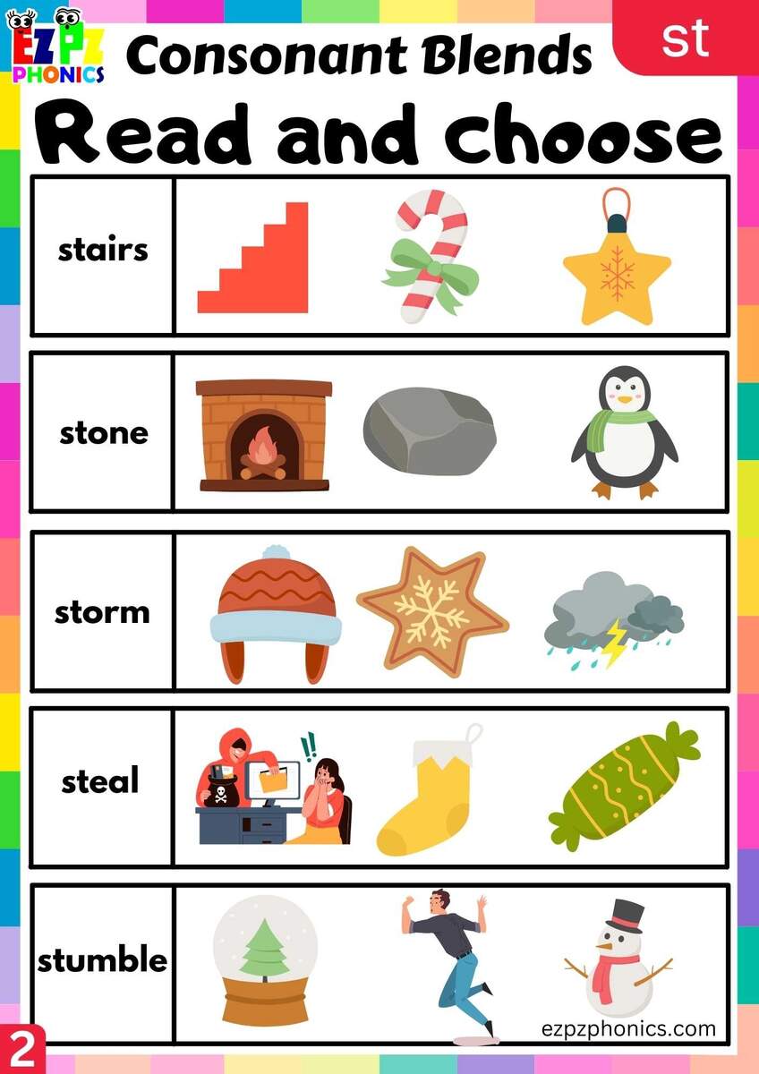 Group1 ST Words Cut And Paste The Images Phonics Consonant Blends Worksheet Ezpzphonics