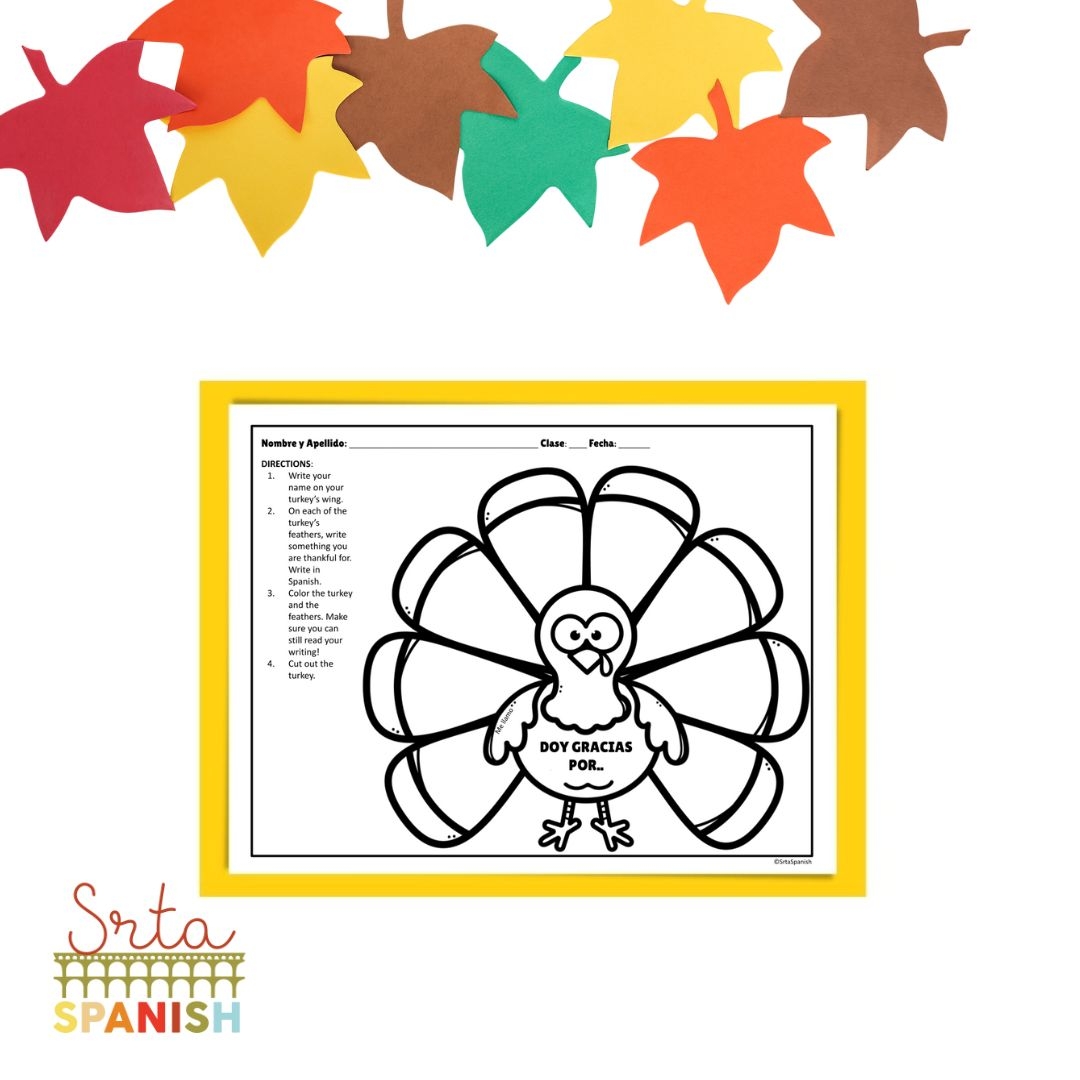 I Am Thankful Turkey Printable Spanish Class Craft Template Srta Spanish