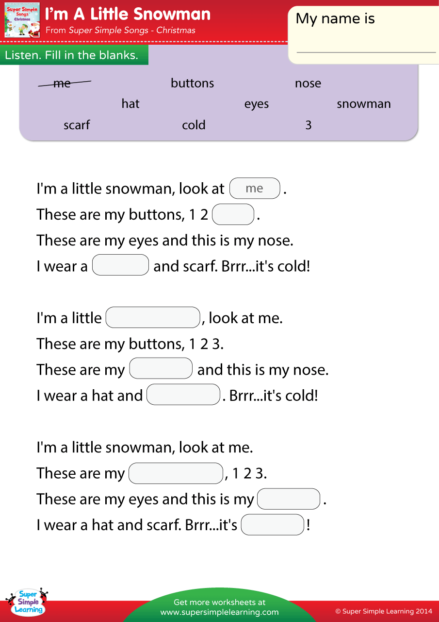 I M A Little Snowman Worksheet Fill In The Blanks Super Simple