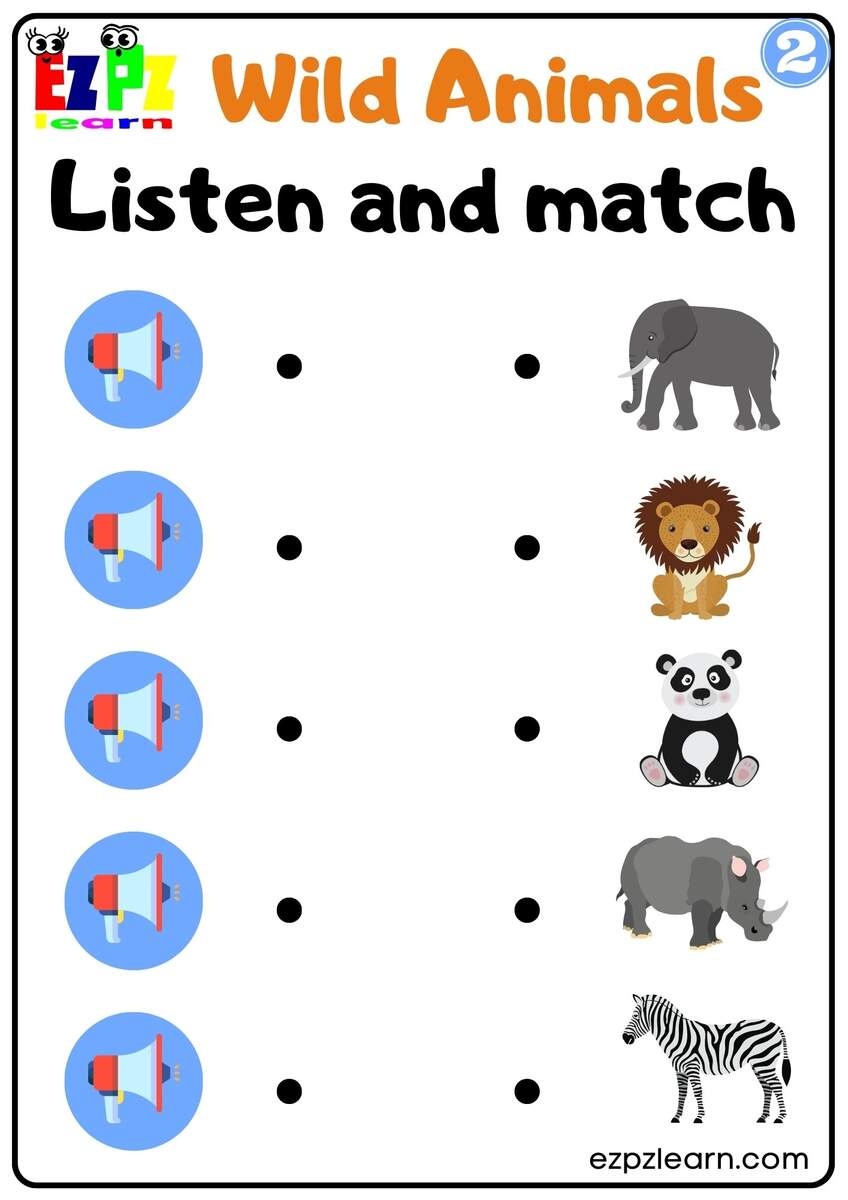 Interactive Worksheet For Wild Animals Listen And Match The Correct Images Activity For Kids Group 2 Ezpzlearn
