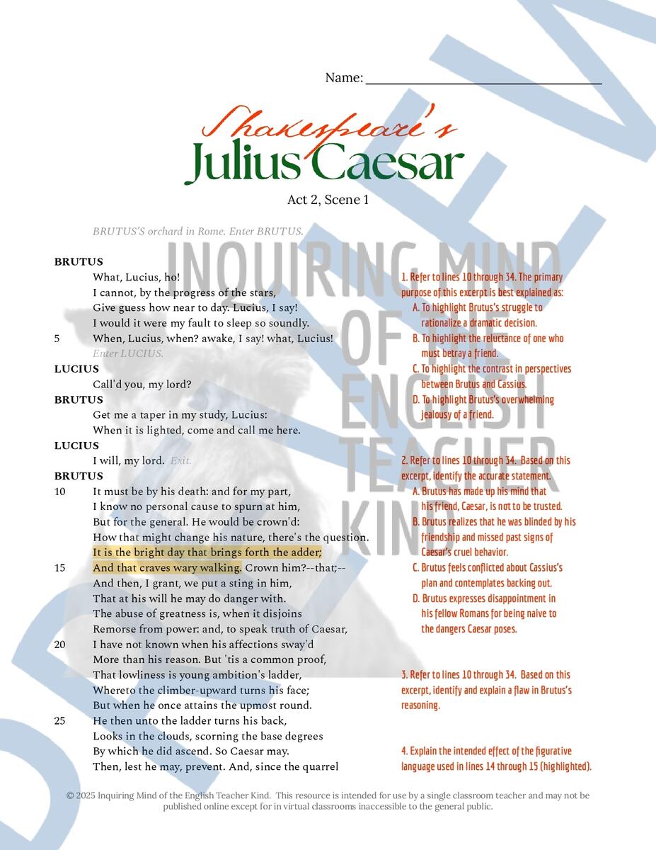Julius Caesar Act 2 Scene 1 Close Reading Analysis Worksheet And Answer Key Made By Teachers Julius Caesar Act 2 Scene 1 Close Reading Analysis Worksheet And Answer Key Made By Teachers