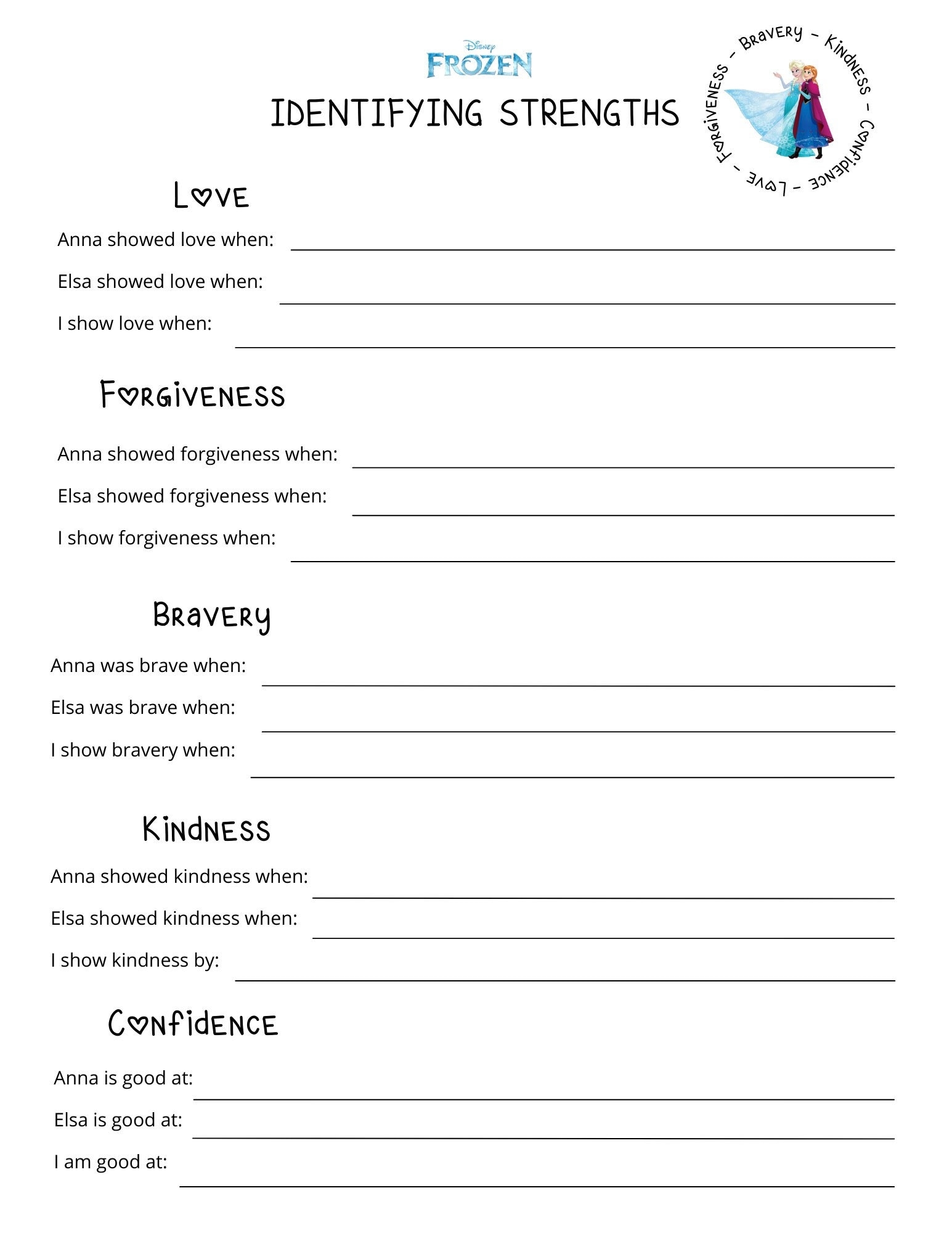 Kids Frozen Therapy Worksheet Identifying Strengths Etsy