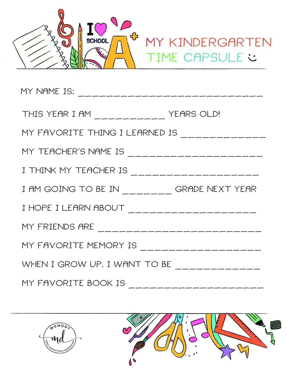 Kindergarten Time Capsule FREE PRINTABLE Momdot Time Capsule Questions Printable New Years Activities For Kids