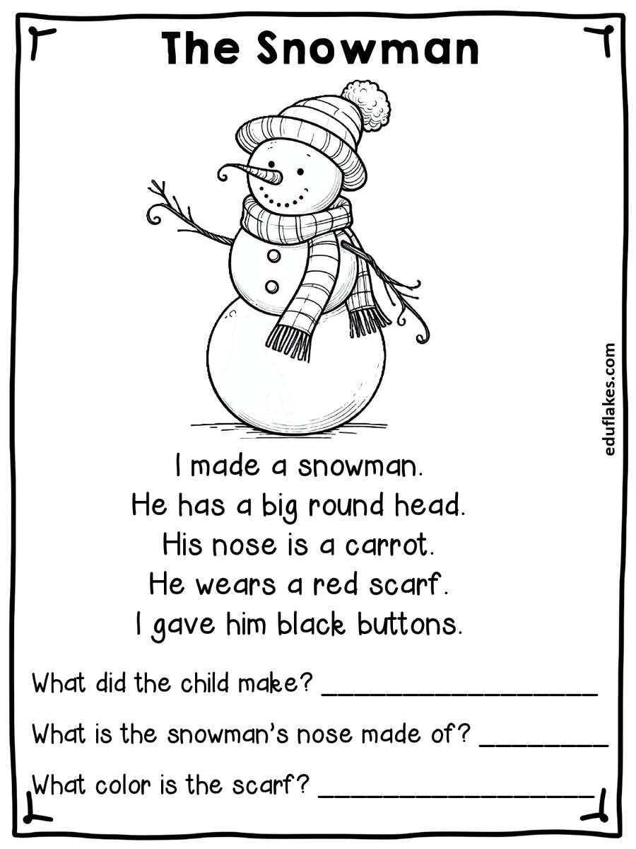 Kindergarten Winter Reading Comprehension Free PDF Eduflakes