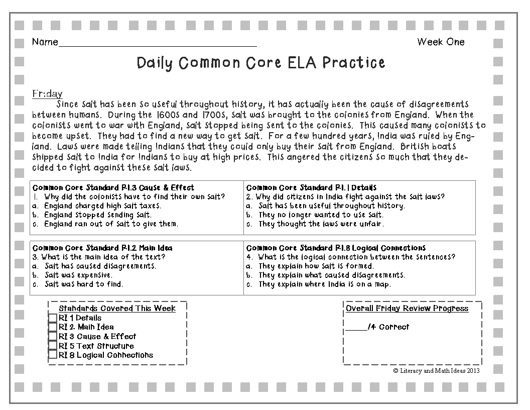 Literacy Math Ideas Five Weeks Of Daily Common Core Practice