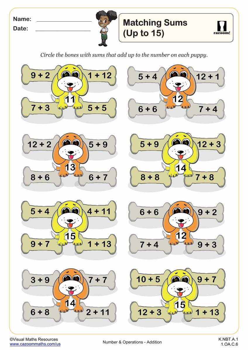 Matching Sums Up To 11 15 PDF Printable Addition Worksheets Cazoom Math Addition With Pictures Sum Up To 20 Worksheets Adding Balloon Pictures Math Worksheets Printable Etsy