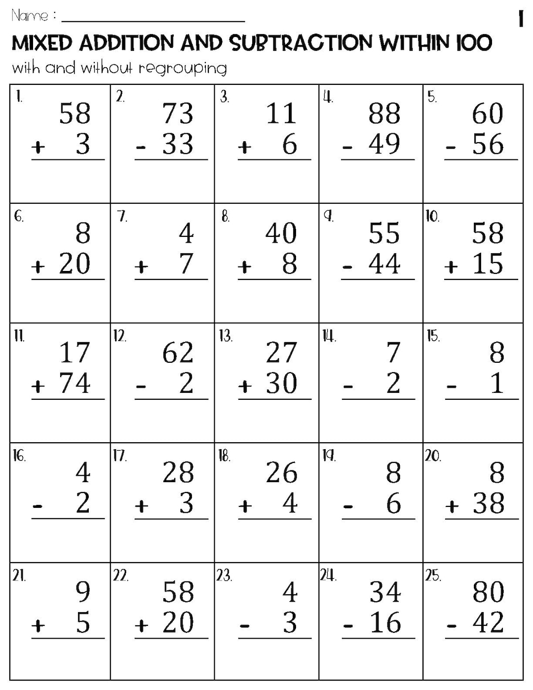100 Four Digit Mixed Addition And Subtraction With And Without Regrouping Worksheets Etsy