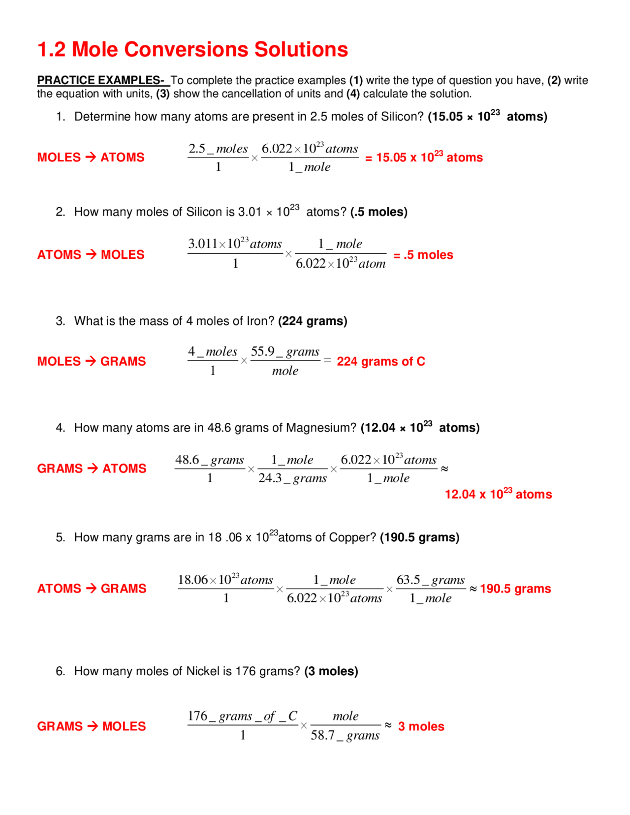Moles Grams And Particle Conversions Worksheet Worksheets Library