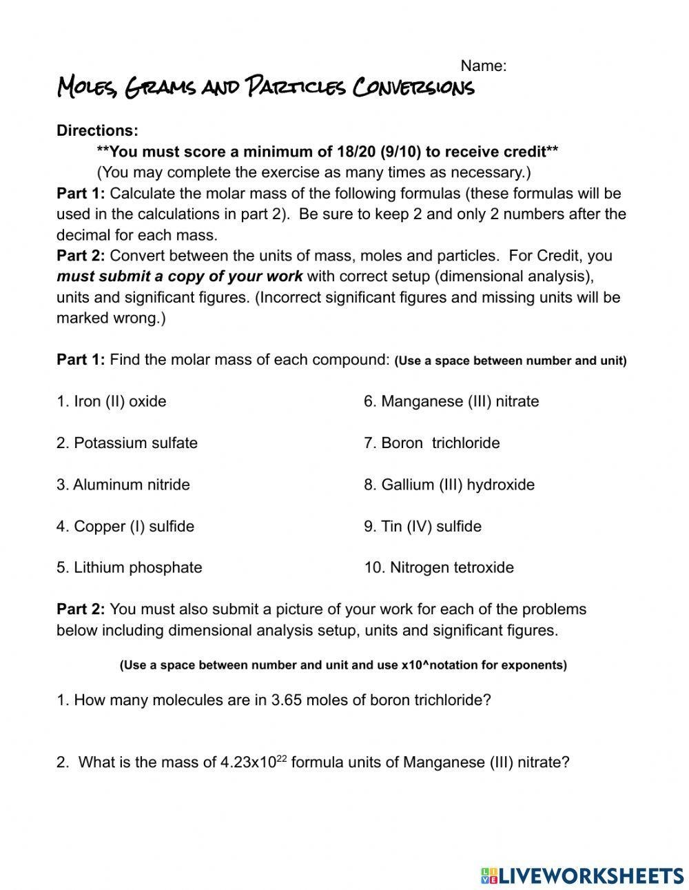 Moles Grams And Particle Conversions Worksheet Worksheets Library