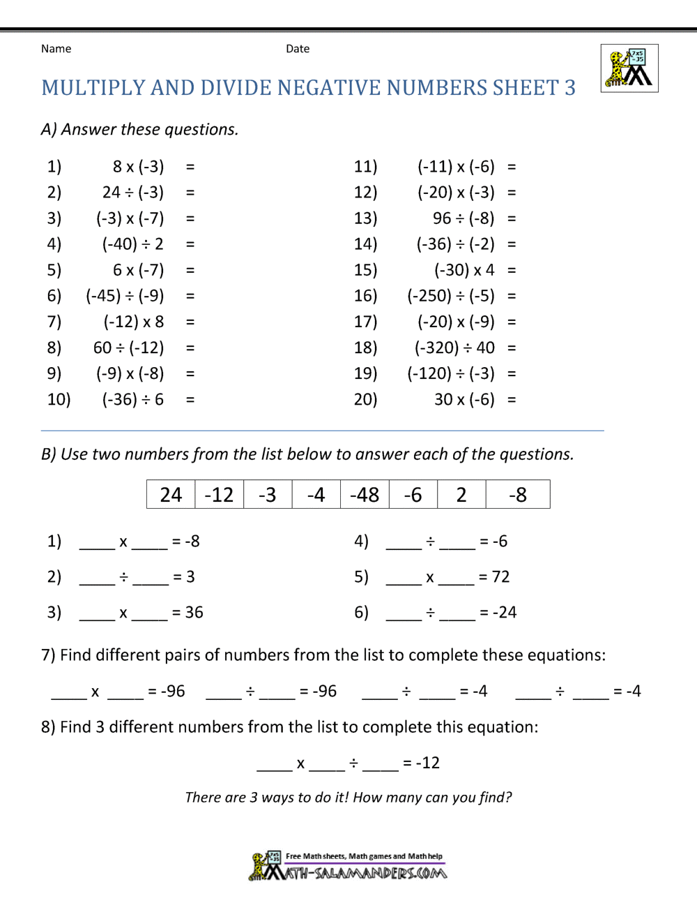 Multiply And Divide Negative Numbers Multiply And Divide Negative Numbers