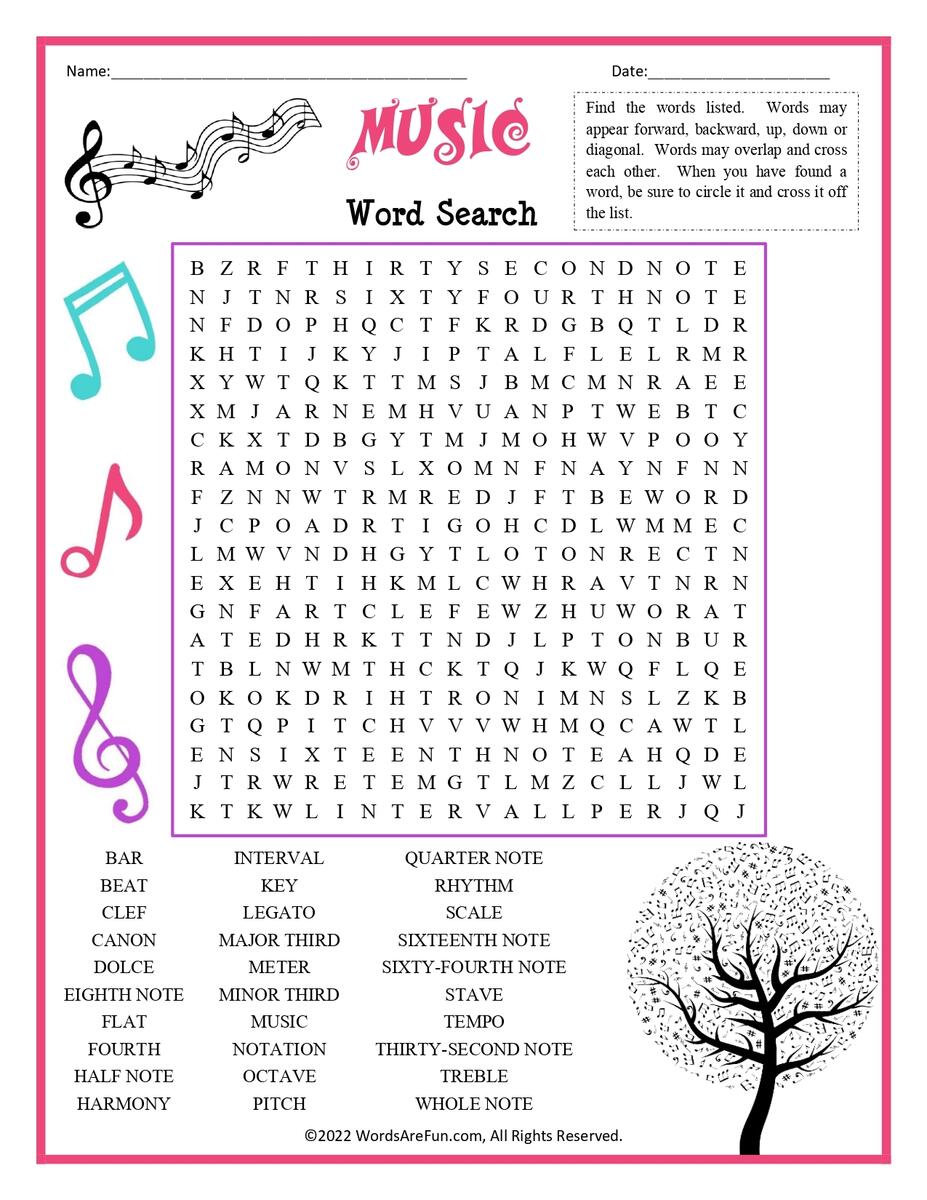 Music Word Search Puzzles Music Word Search Answer Key