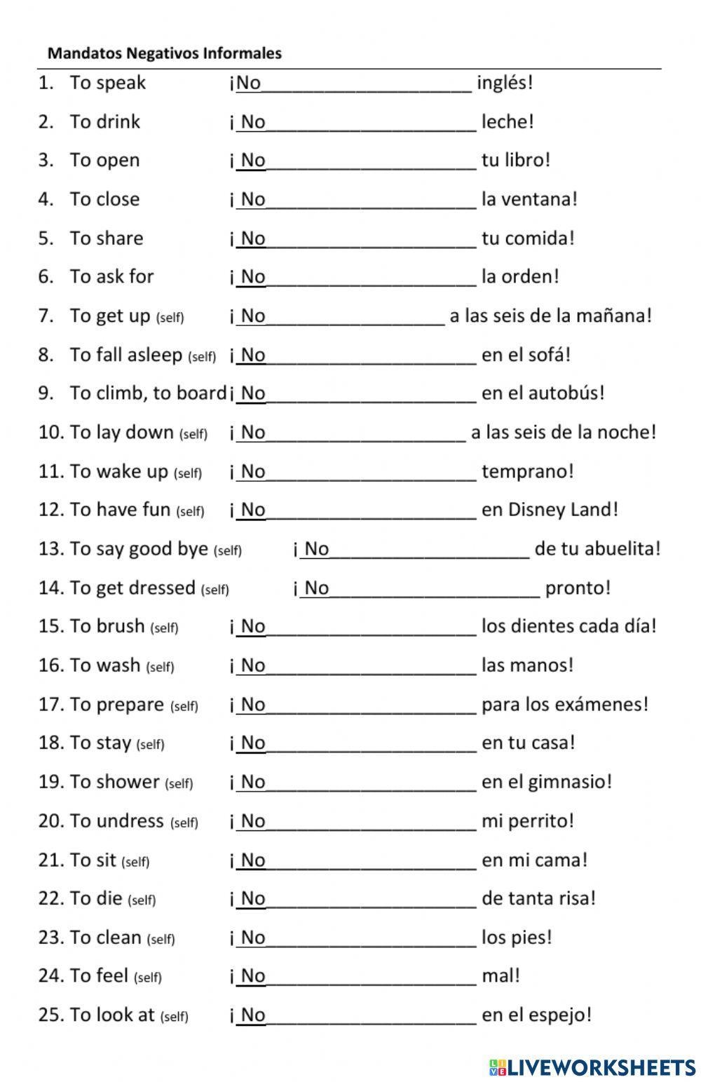 Negative Informal Commands Worksheet Worksheets Library