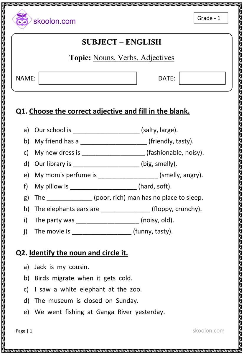 Nouns Verbs Adjectives Skoolon Worksheets Library