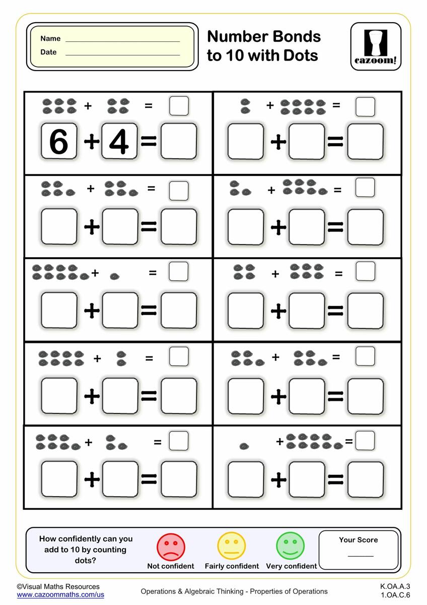 Number Bonds To 10 With Dots K Grade PDF Addition Worksheets Cazoom Math
