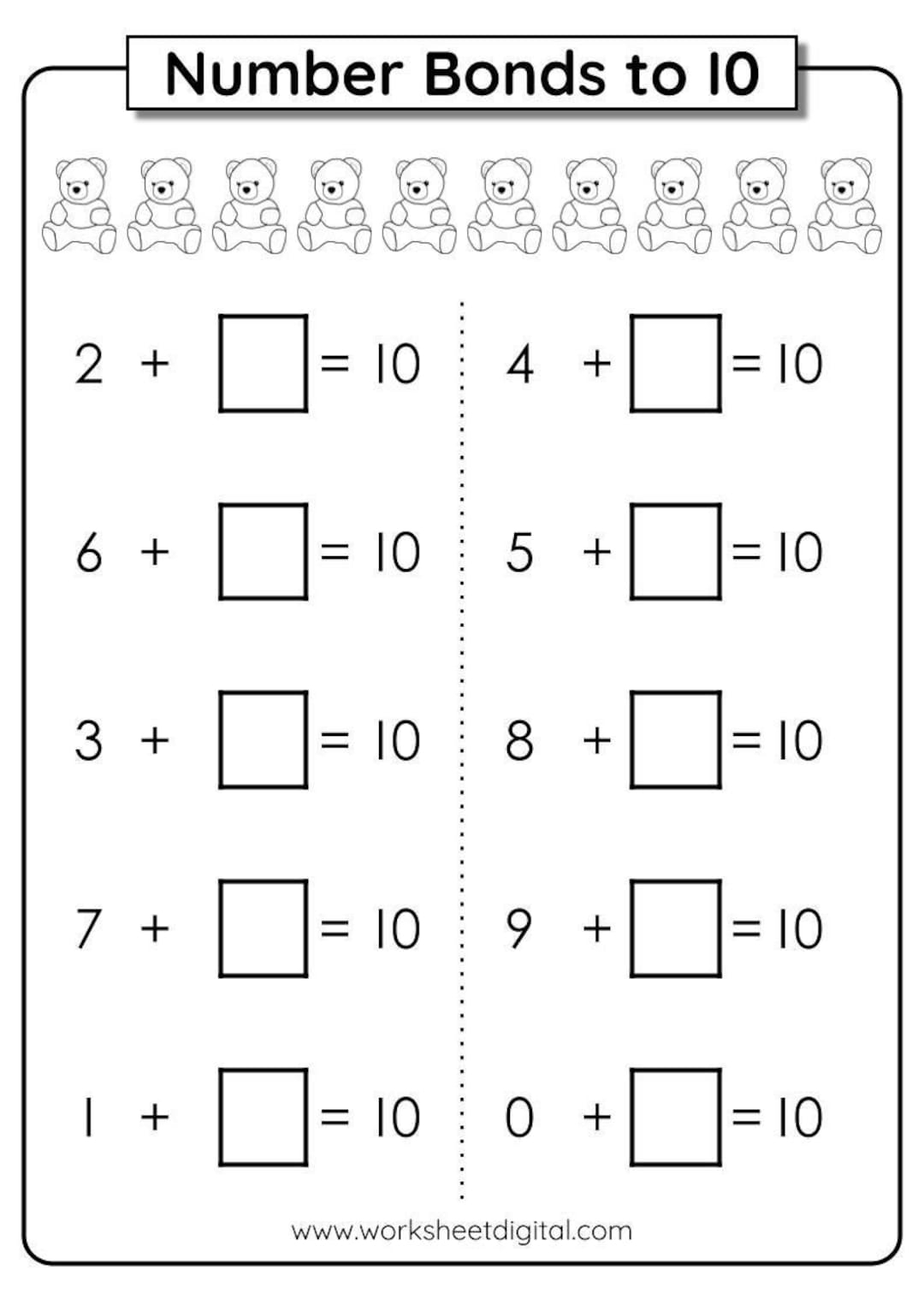 Number Bonds To 10 Worksheets Kindergarten Homeschool Activity PDF Etsy