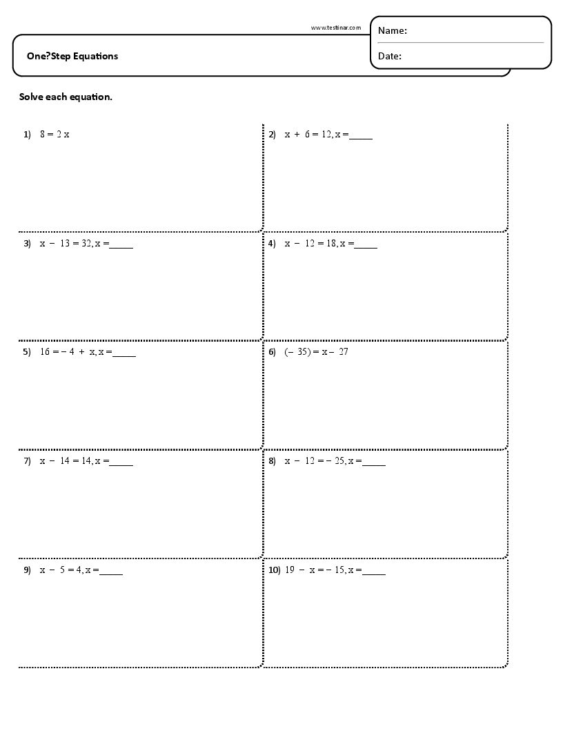 One Step Equations Worksheets One Step Equations Worksheets