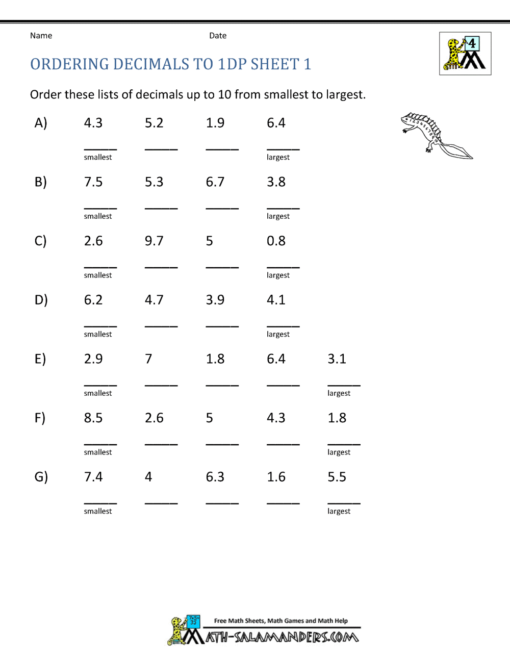 Ordering Decimals Up To 3dp Worksheets Library
