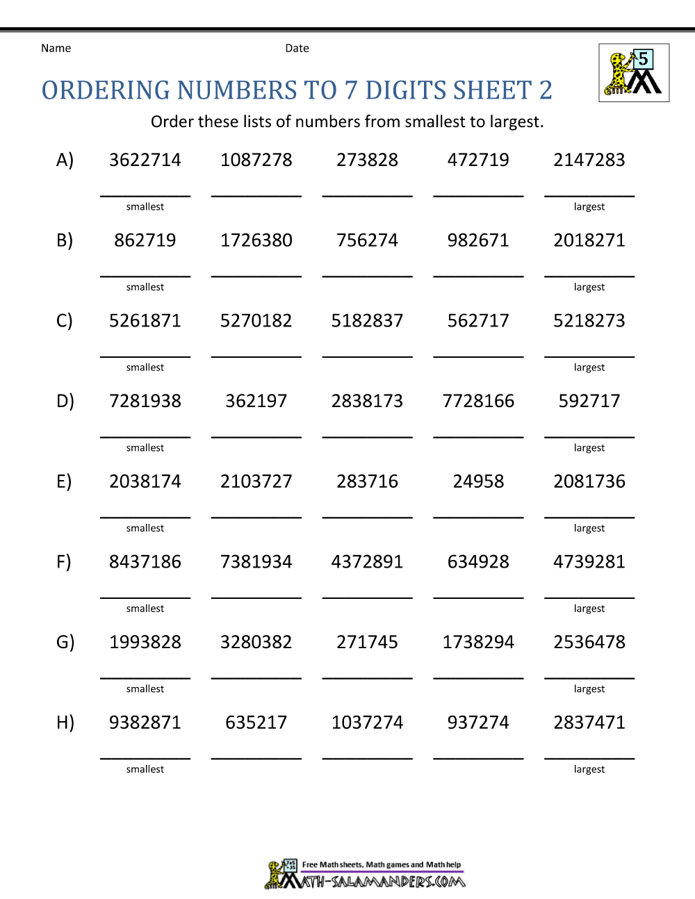 Ordering Large Numbers 5th Grade Maths Practice Circle The Bigger Number For Kids 3 5 Years Old Worksheets Library