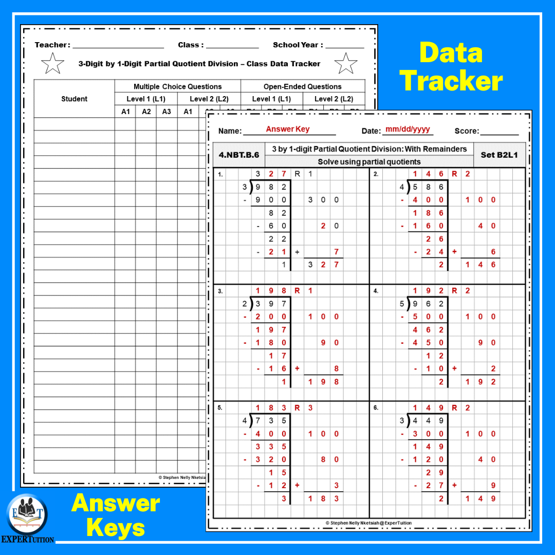 Partial Quotients Division Practice Worksheets 3 Digit By 1 Digit Classful