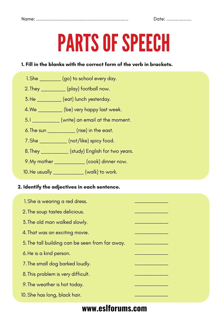 Parts Of Speech Worksheets And Exercises ESL Forums
