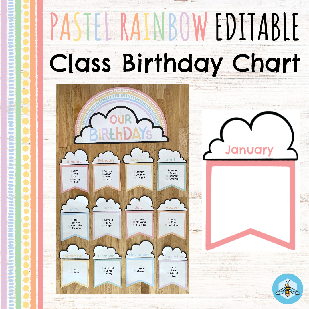 Pastel Rainbow Class Birthday Chart EDITABLE Classful