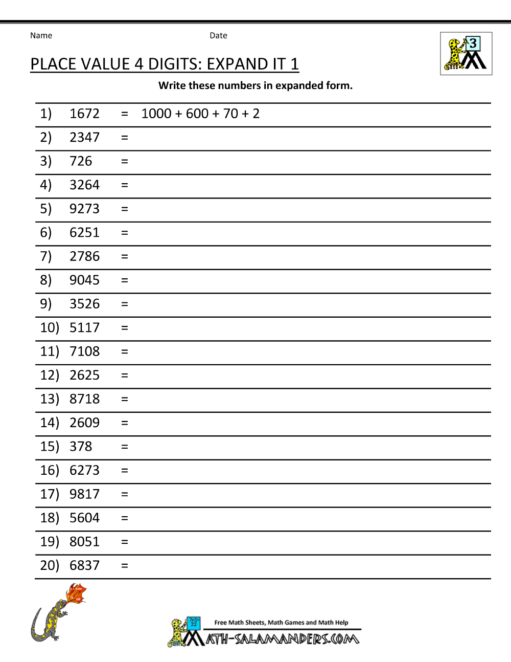 Place Value 4 Digit Numbers