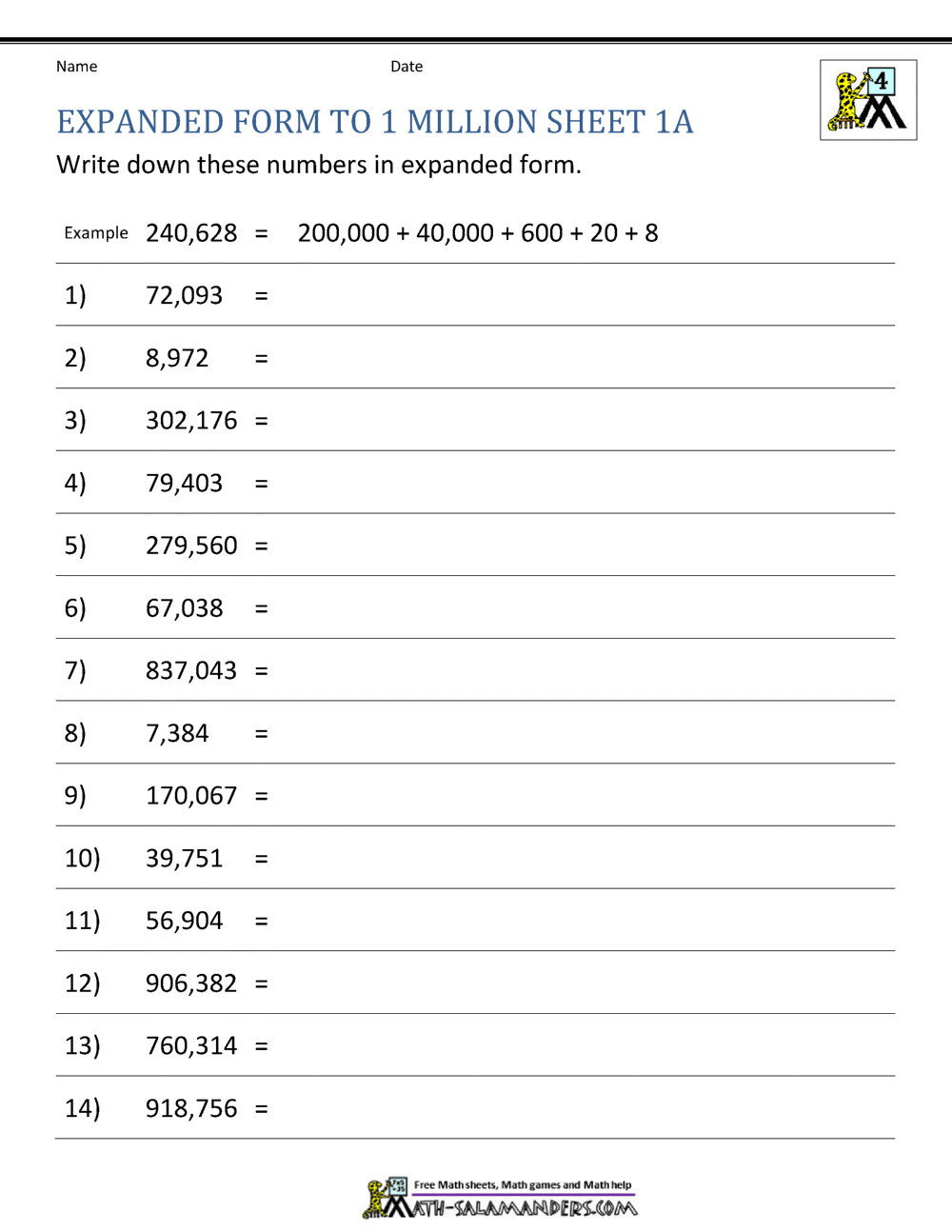 Place Value 4 Digit Numbers