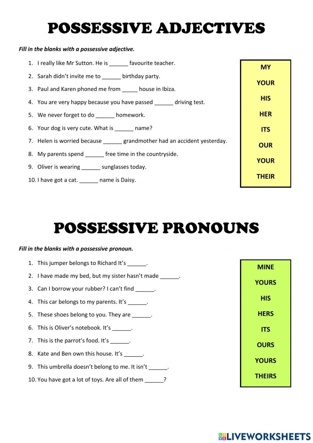 Possessive Adjectives And Pronouns Online Pdf Exercise