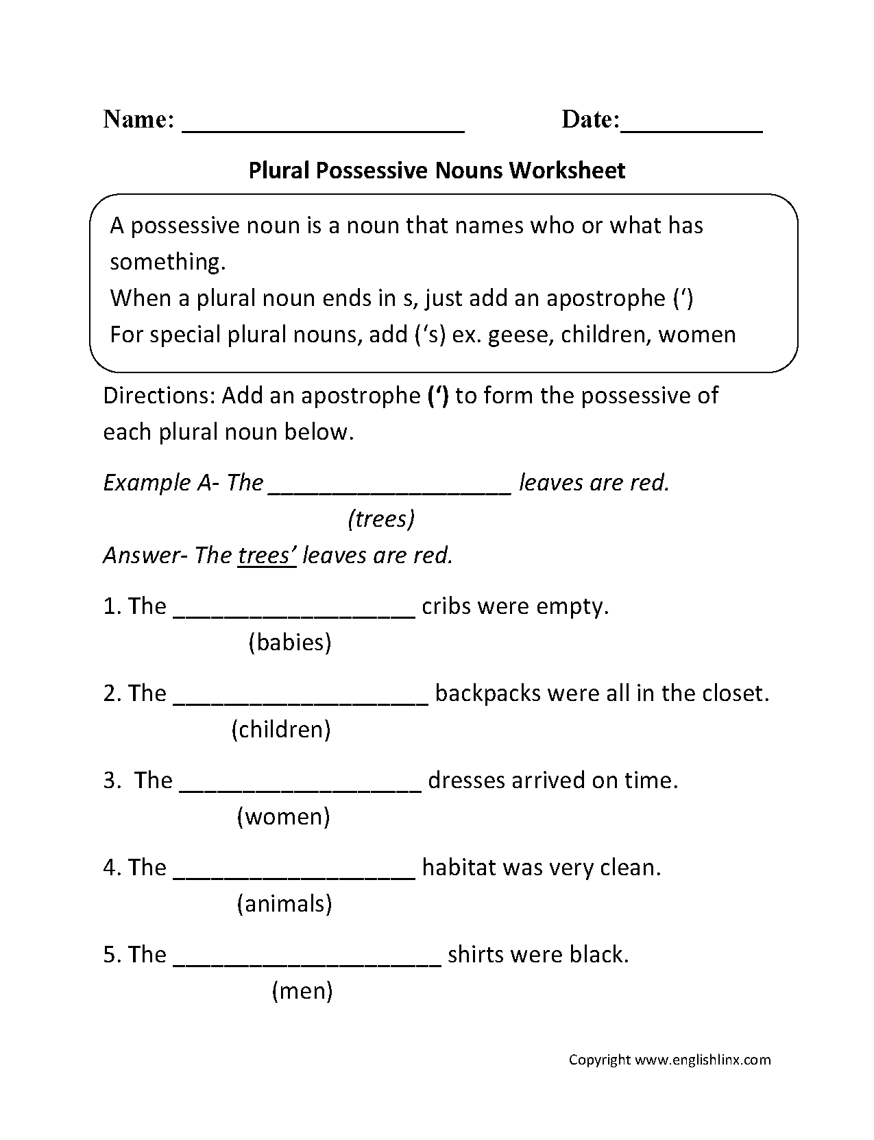 Possessive Nouns Worksheets Writing Plural Possessive Nouns Worksheets