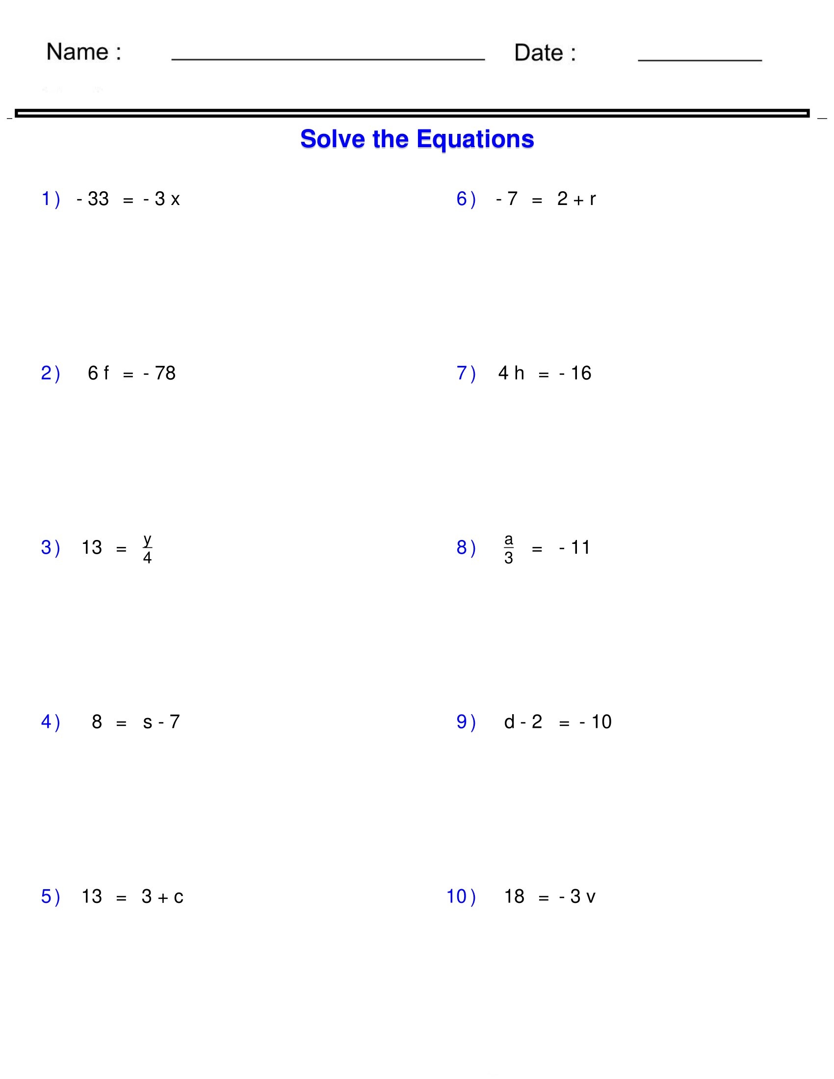 Pre Algebra Equations One Step Equations Containing Integers Worksheets Made By Teachers Free One Step Equations Worksheets Mashup Math