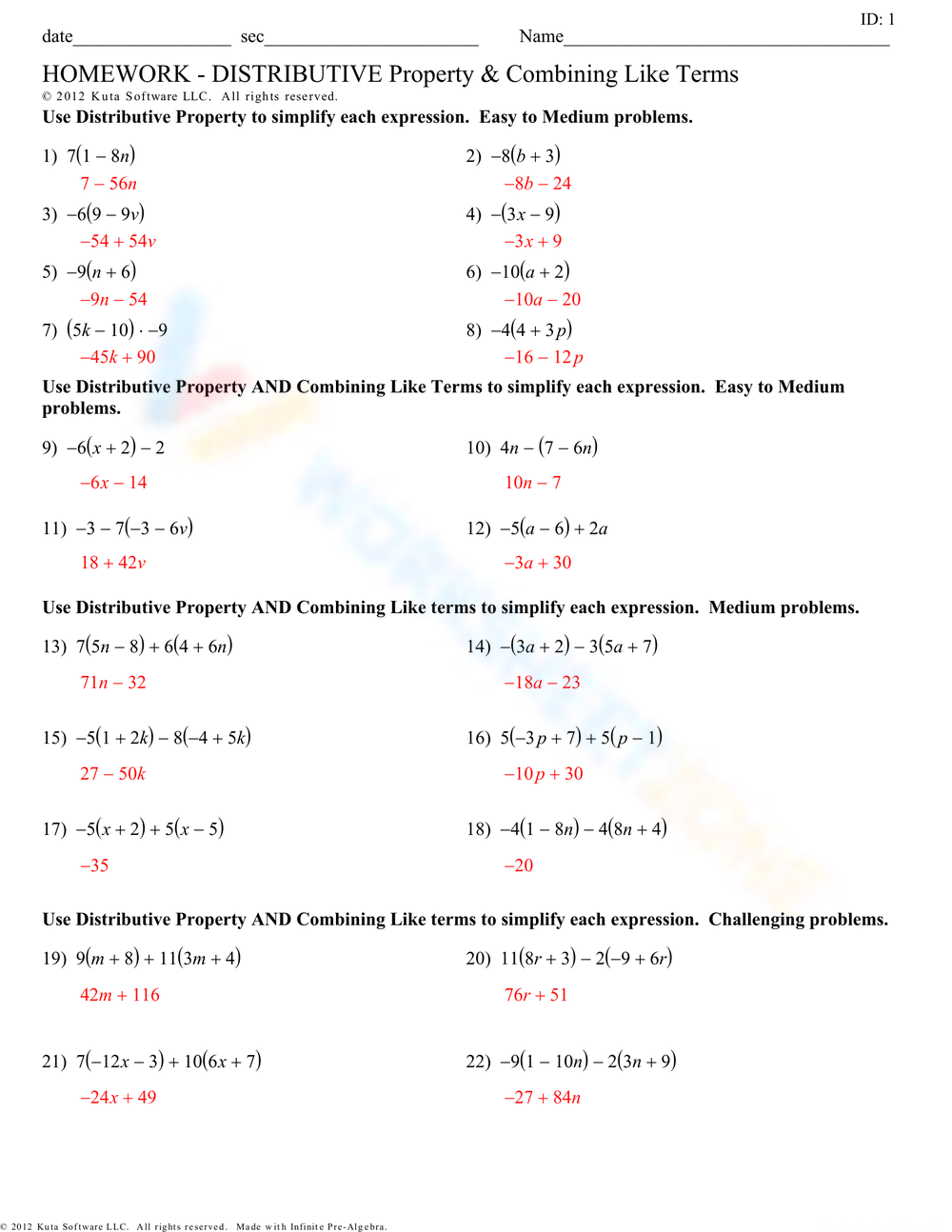 Distributive Property And Combining Like Terms Worksheet