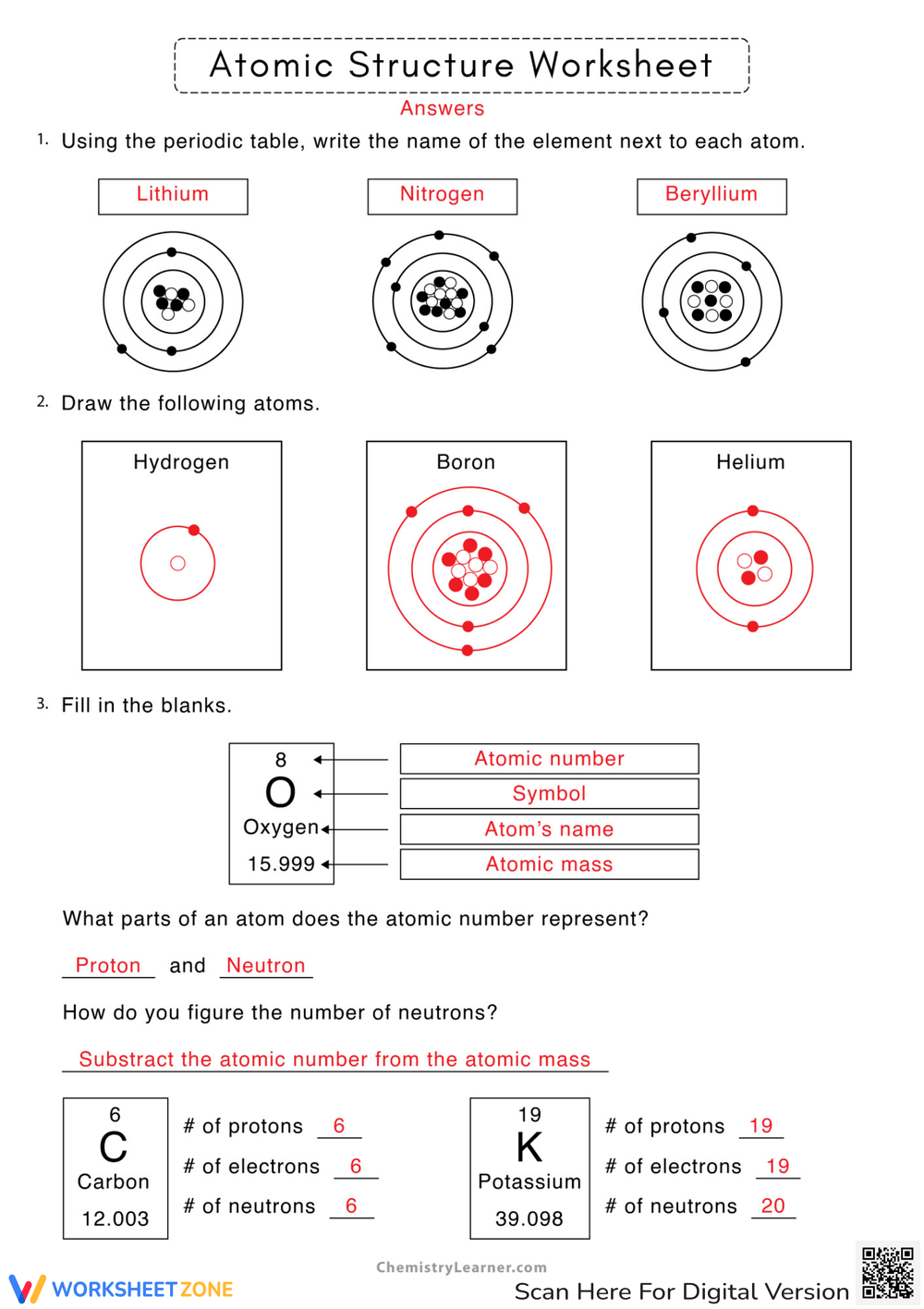Printable Protons Neutrons And Electrons Practice Worksheets
