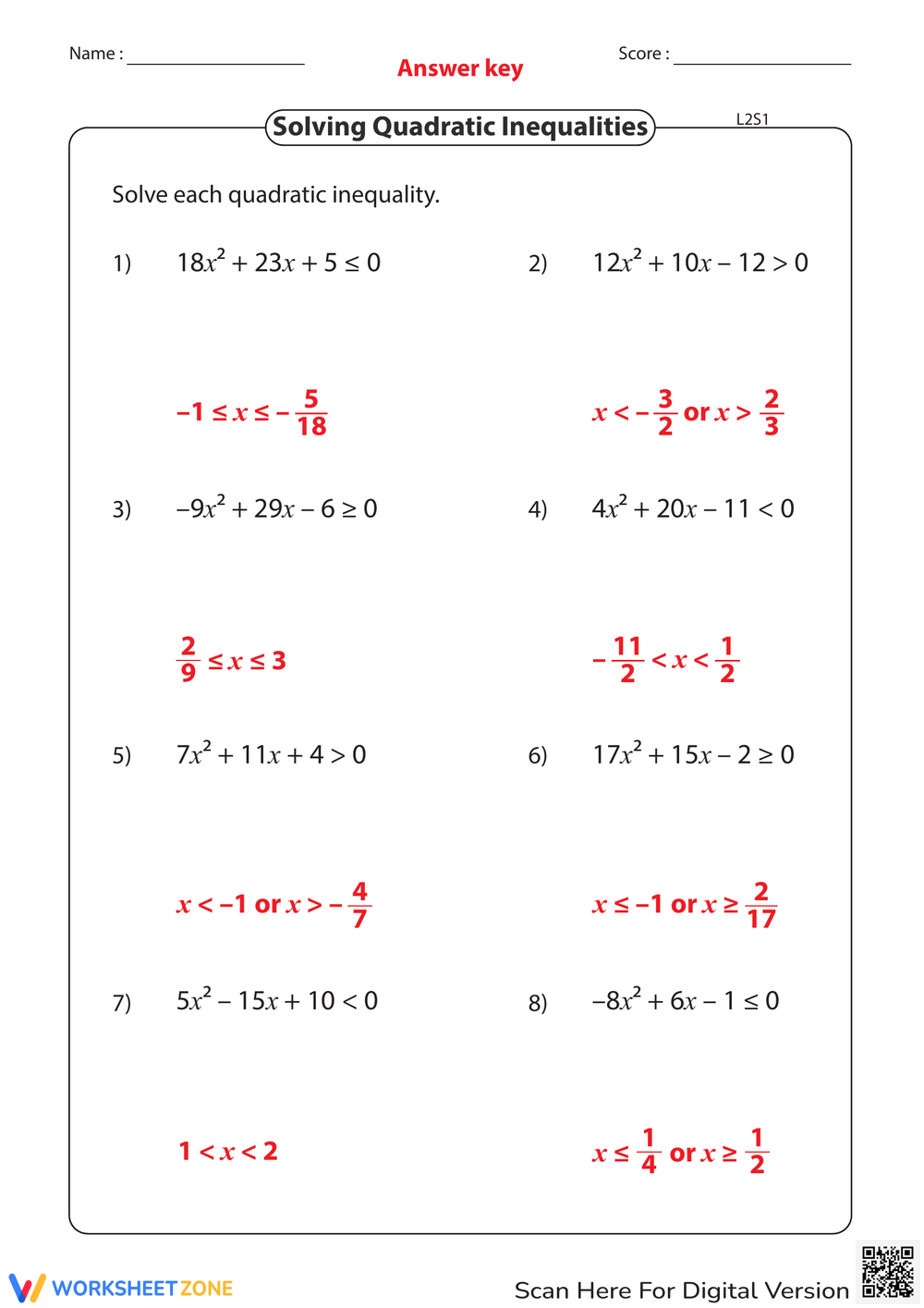 Printable Solving One Step Inequalities Worksheets