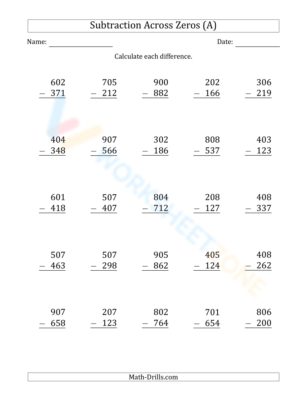 Printable Subtraction Across Zeros Worksheets Subtraction Worksheets