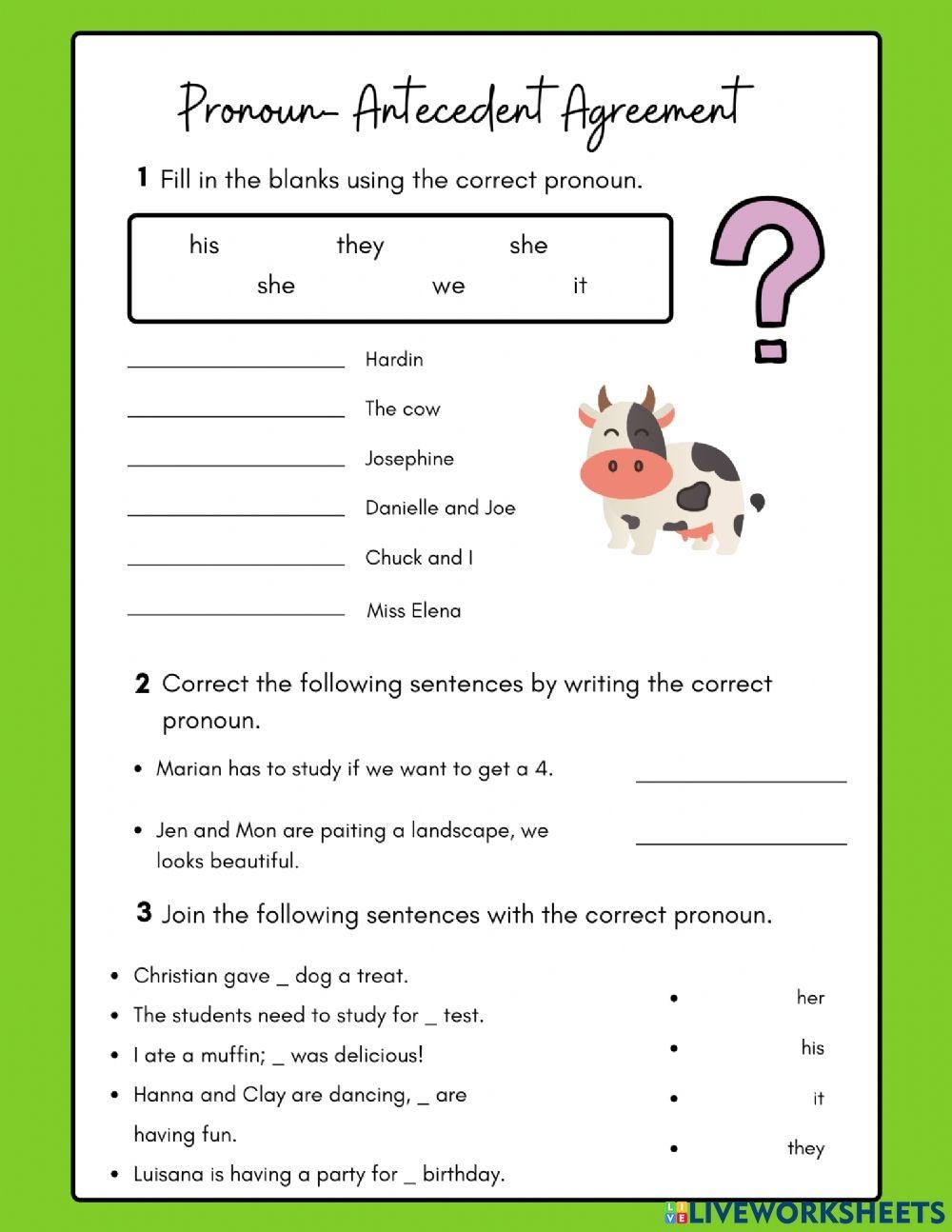 4th Grade Pronoun Antecedent Agreement Worksheets