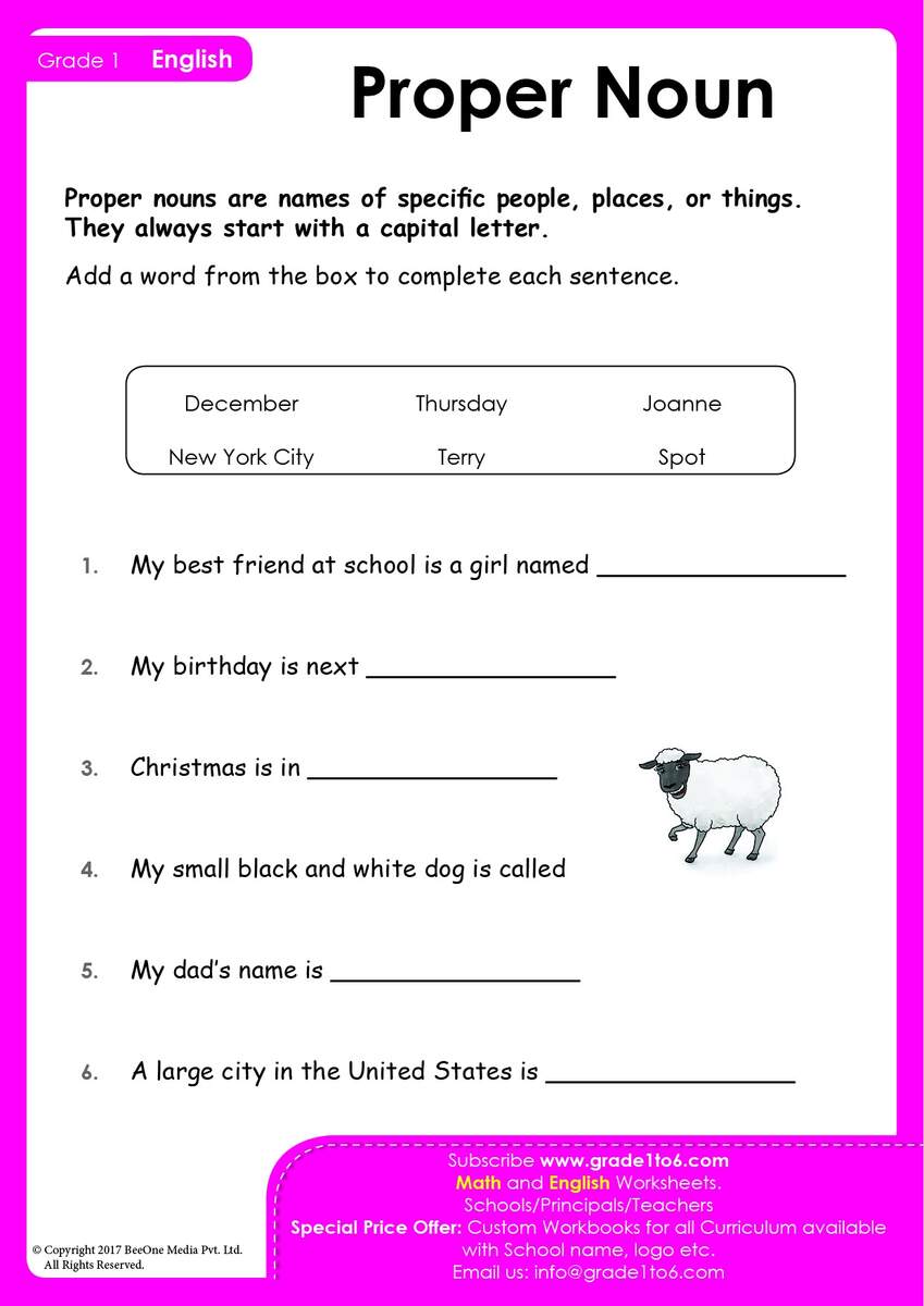 Common And Proper Nouns Worksheet Grade1to6