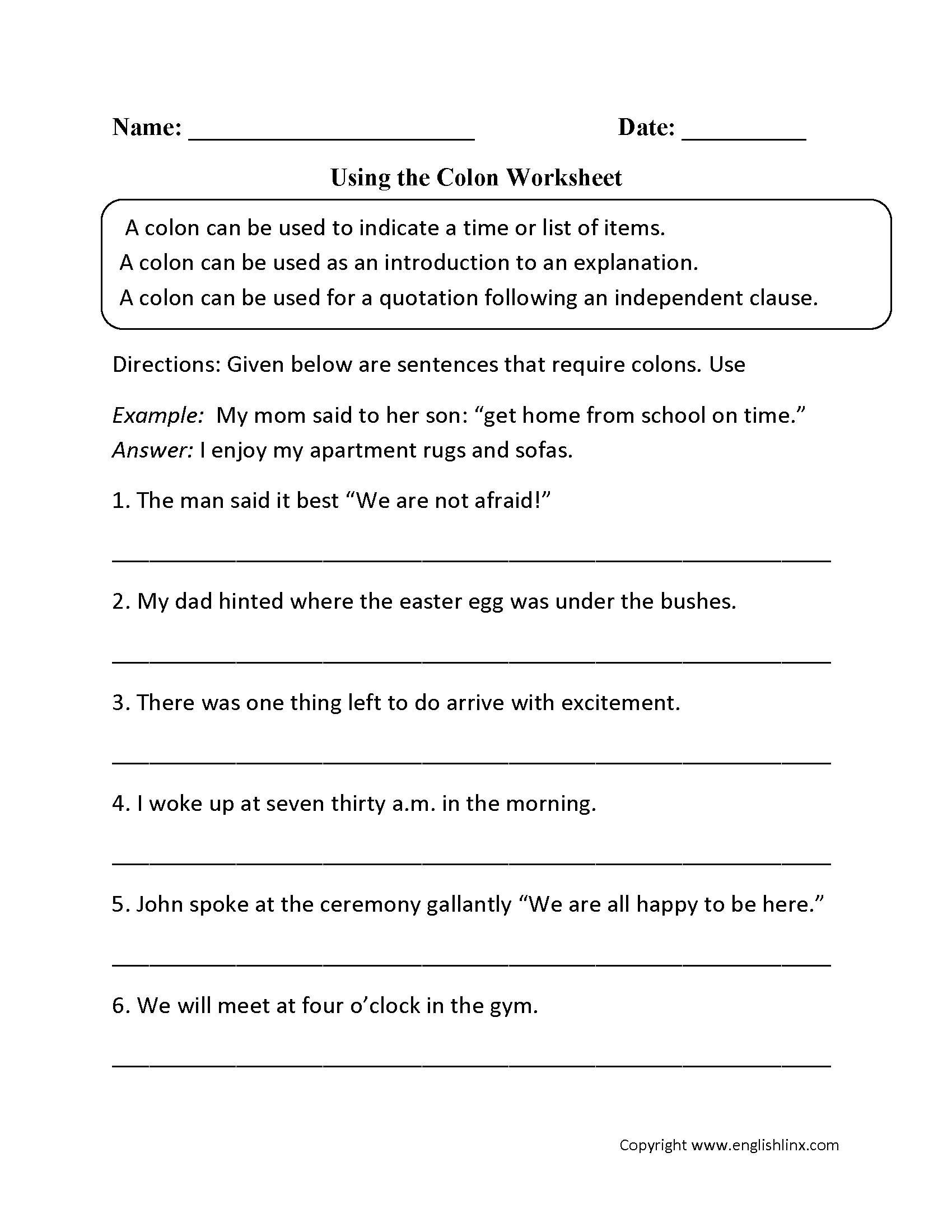 Punctuation Worksheets Colon Worksheets