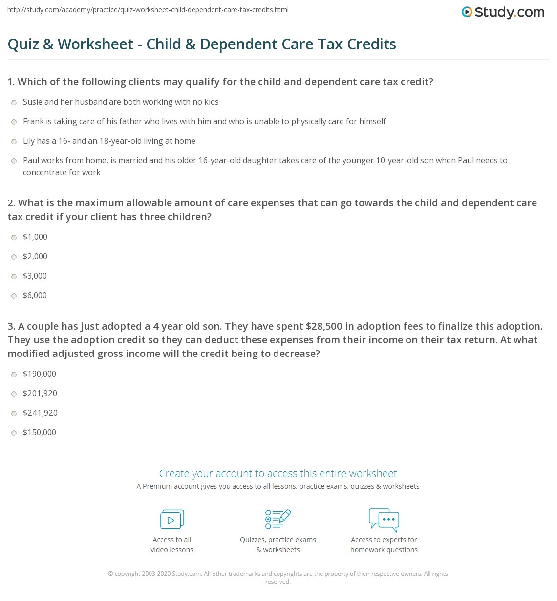 Quiz Worksheet Child Dependent Care Tax Credits Study