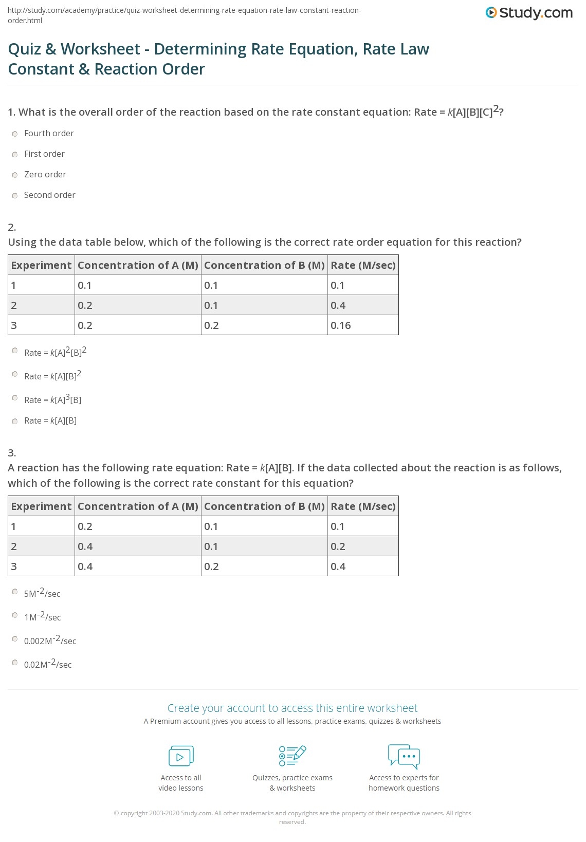 Quiz Worksheet Determining Rate Equation Rate Law Constant Worksheets Library