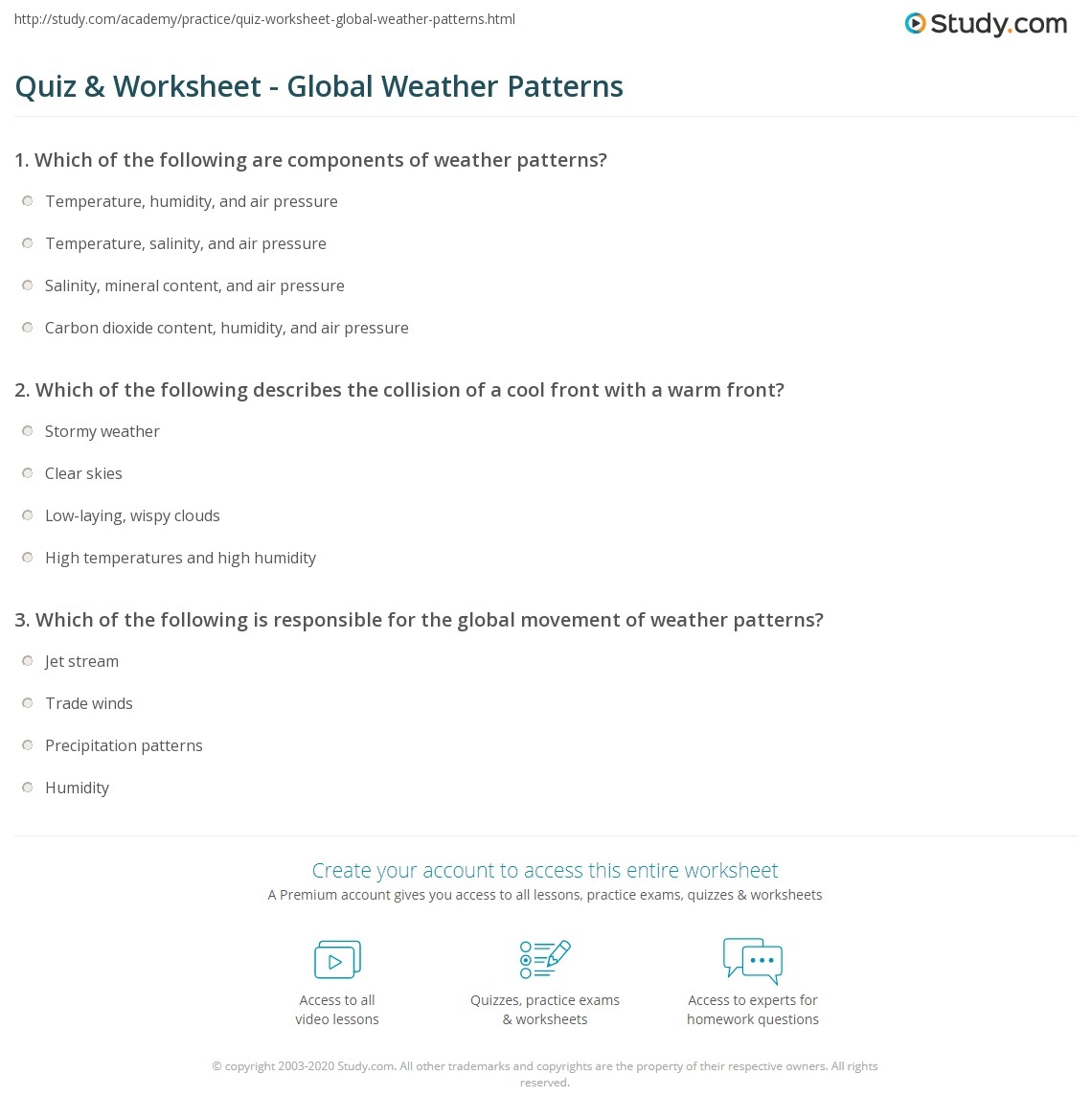 Quiz Worksheet Global Weather Patterns Study