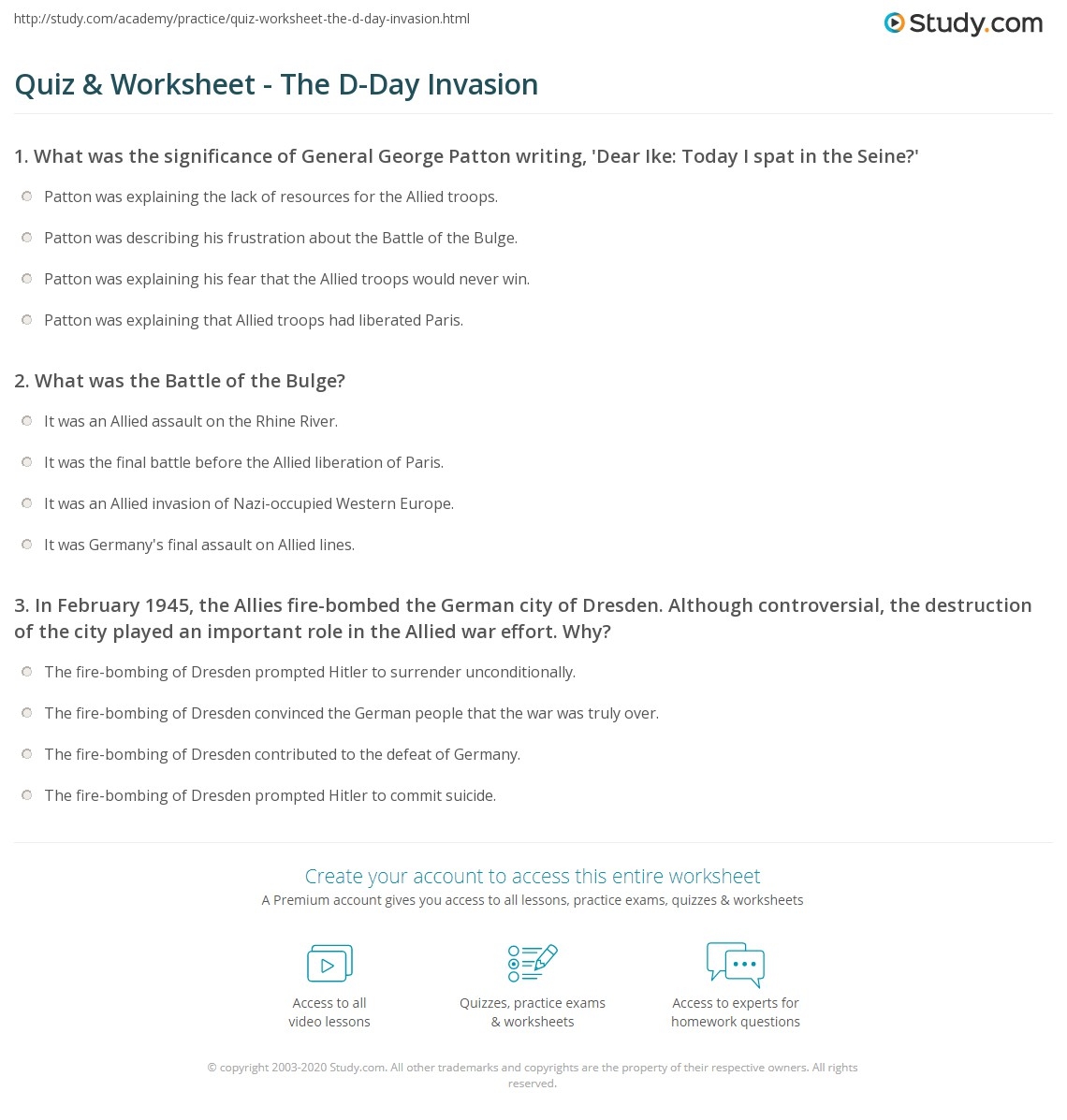 Quiz Worksheet The D Day Invasion Study