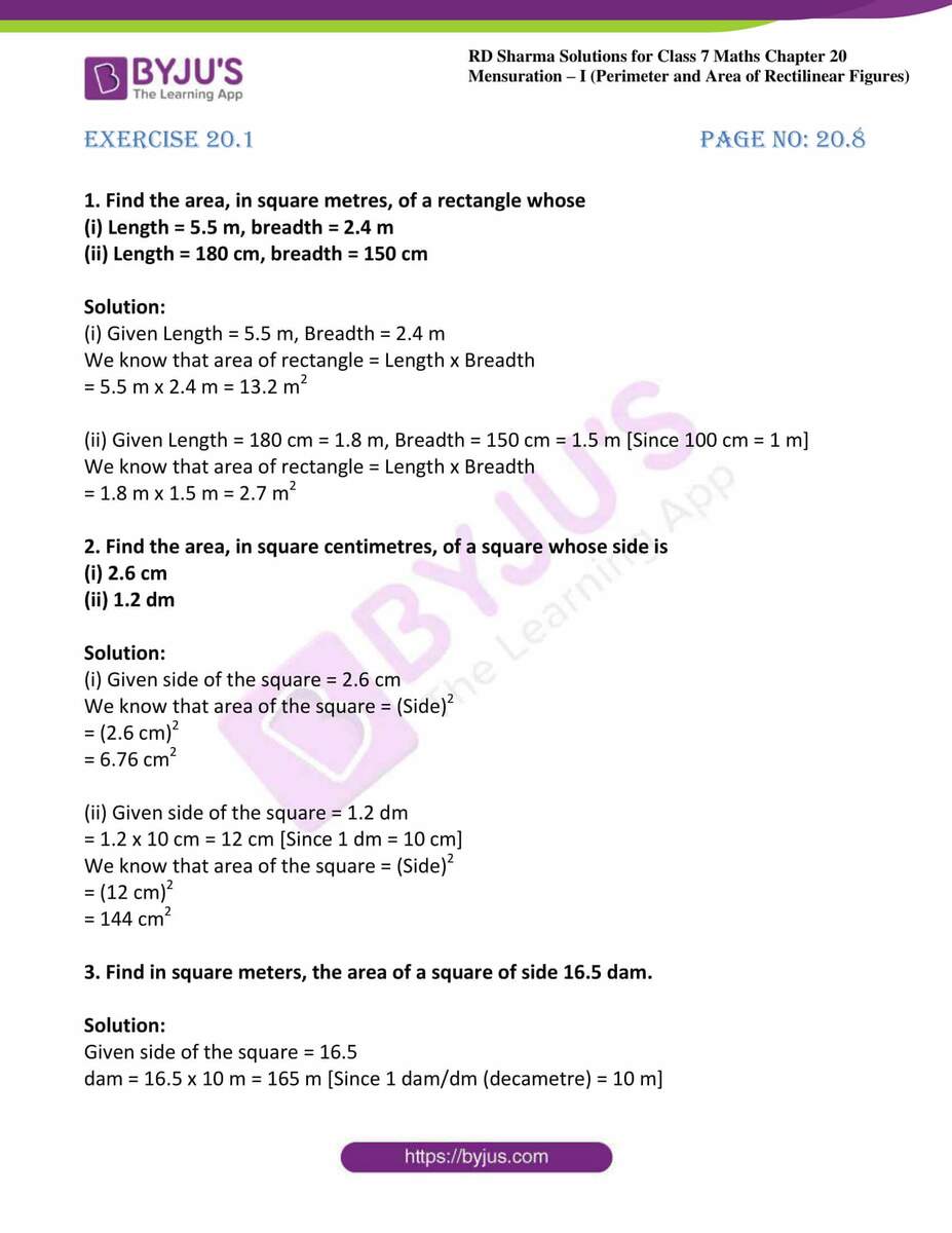 RD Sharma Solutions Class 7 Maths Chapter 20 Mensuration I Perimeter And Area Of Rectilinear Figures RD Sharma Solutions Class 7 Maths Chapter 20 Mensuration I Perimeter And Area Of Rectilinear Figures